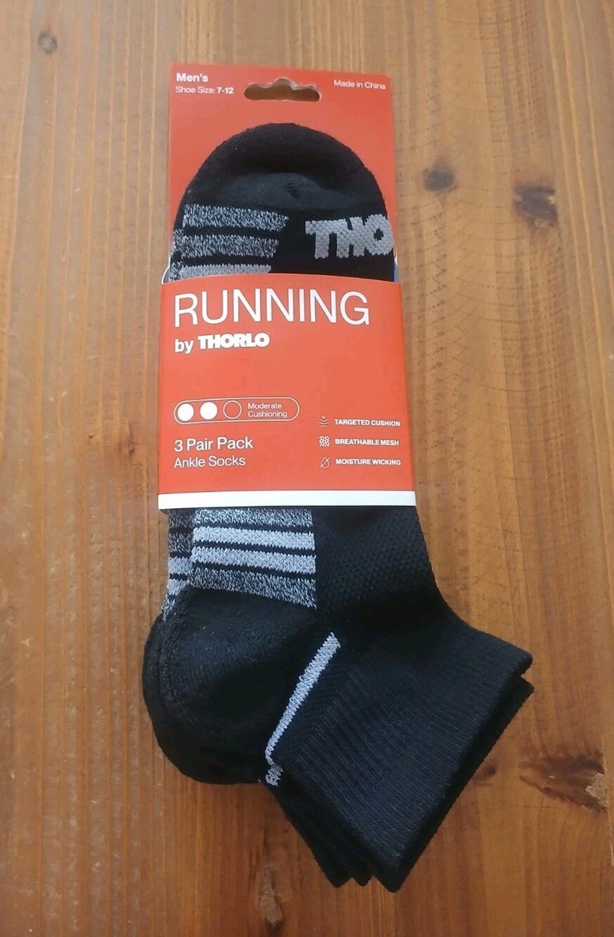 3-Pair Running by Thorlo Men's Black Cushioned Breathable Ankle Socks Size 7-12
